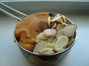 Pumpkin puree and sliced almonds