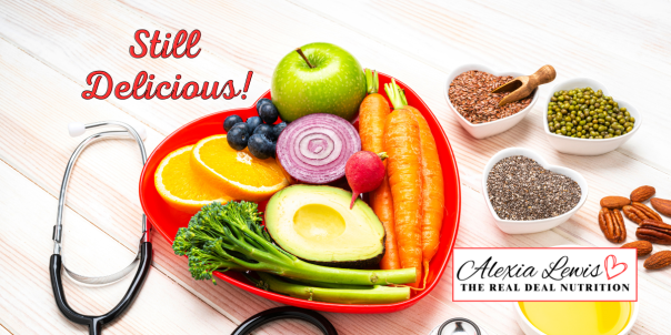 Image of heart shaped plate full of colorful heart-healthy foods.