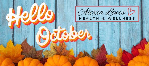 Banner with words "Hello October" and a row of pumpkins on the bottom border.