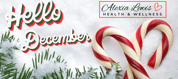 Background picture of candy canes and pine tree branches dusted with snow.