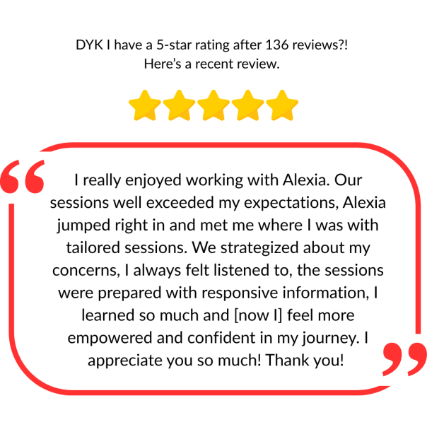 Graphic of review with words: DYK I currently have a 5-star rating (out of 5) based on 136 reviews?! Here’s one of my recent reviews. 

“I really enjoyed working with Alexia. Our sessions well exceeded my expectations, Alexia jumped right in and met me where I was at with tailored sessions. We strategized about my concerns, I always felt listened to, the sessions were prepared with responsive information, I learned so much and [now I] feel more empowered and confident in my journey. I appreciate you so much! Thank you! 