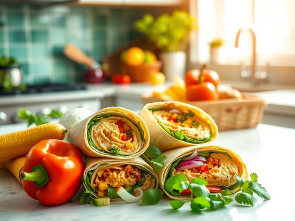 Colorful picture of hummus wrap on a kitchen counter.